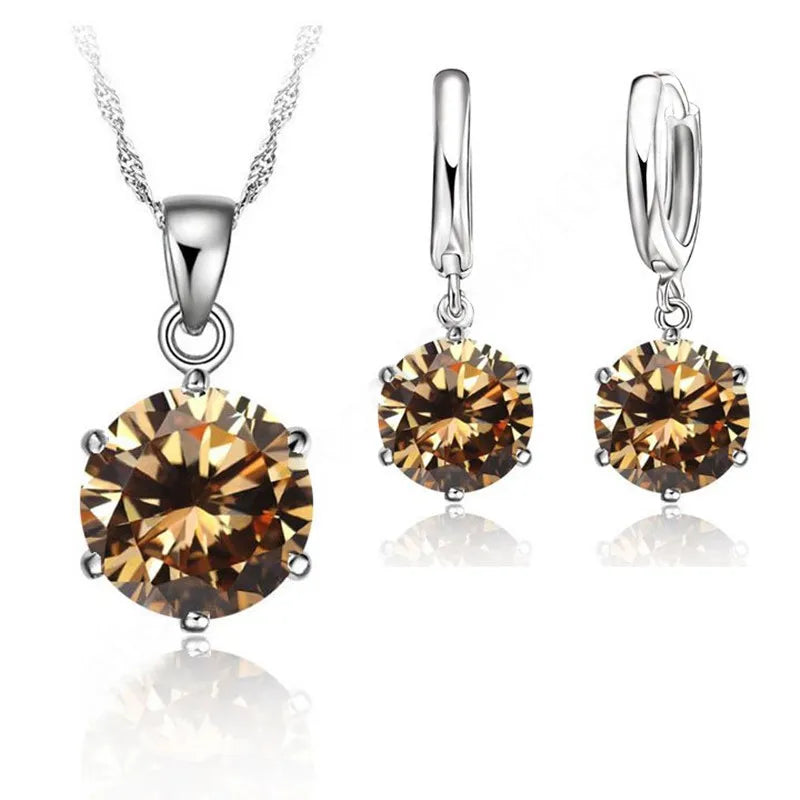 Woman Genuine 925 Sterling Silver Jewelry Sets Cubic Zircon Crystal Lever Back Earrings Pendant Necklace Nice Gifts 8MM Stone