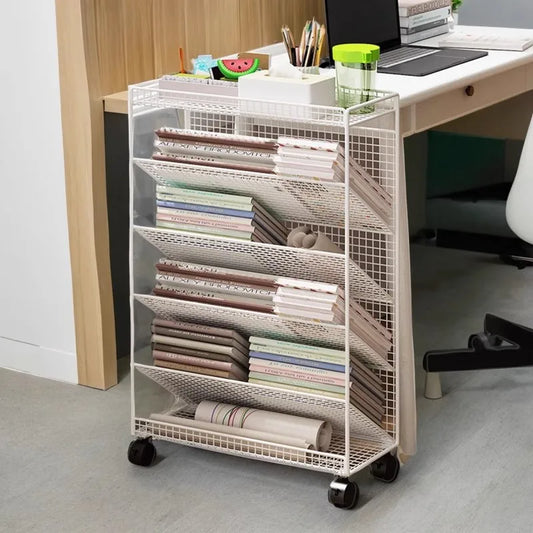 Large Bookshelf Library Cart Mobile Book Storage Shelf Metal Bookcase Holder Office Desk Document Storage Rack Kidroom Organizer