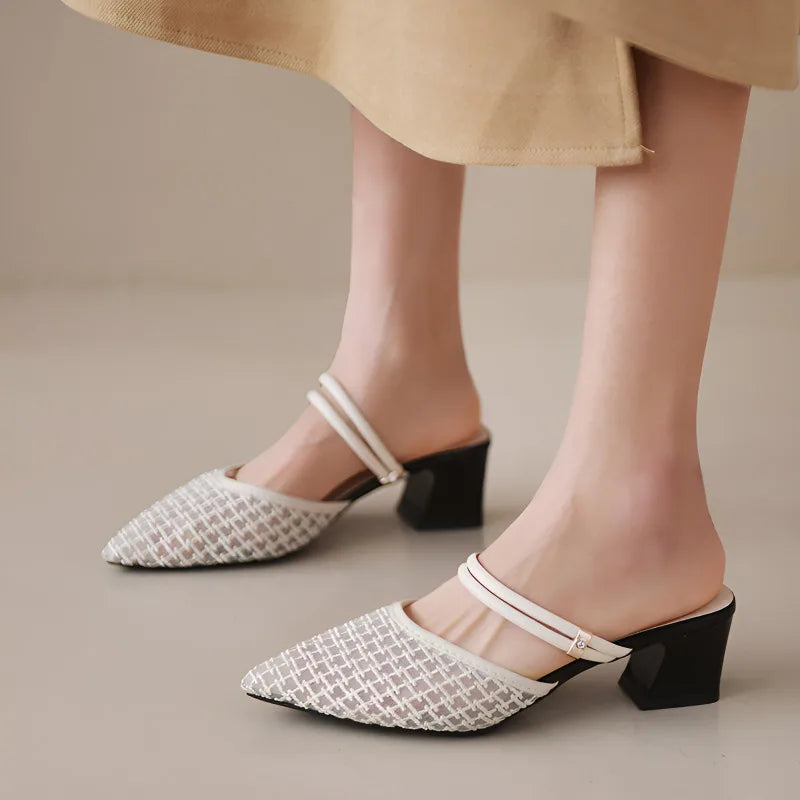 Women's New Slippers Minimalist Fashionable Thick-heeled Slip-on Sandals Summer Two-way Outer Wear One Line High Heel Slippers