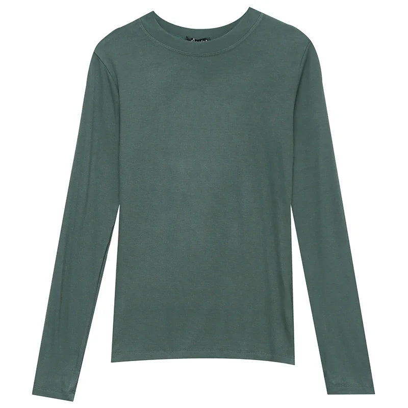 Women 2025 High Quality Plain T Shirt  Cotton Elastic Basic T-shirts Female Casual Tops Long Sleeve Sexy Thin T-shirt