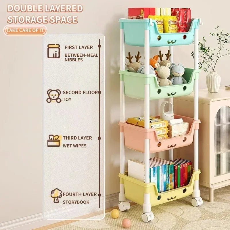 Household living room multi-layer cartoon smiley movable trolley floor shelves children's toys snacks book bags organizing rack