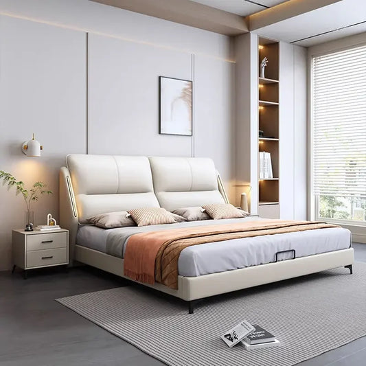 Light luxury soft leather bed with induction light strip Modern simple new master bedroom High-end atmosphere Minimalist leave-i