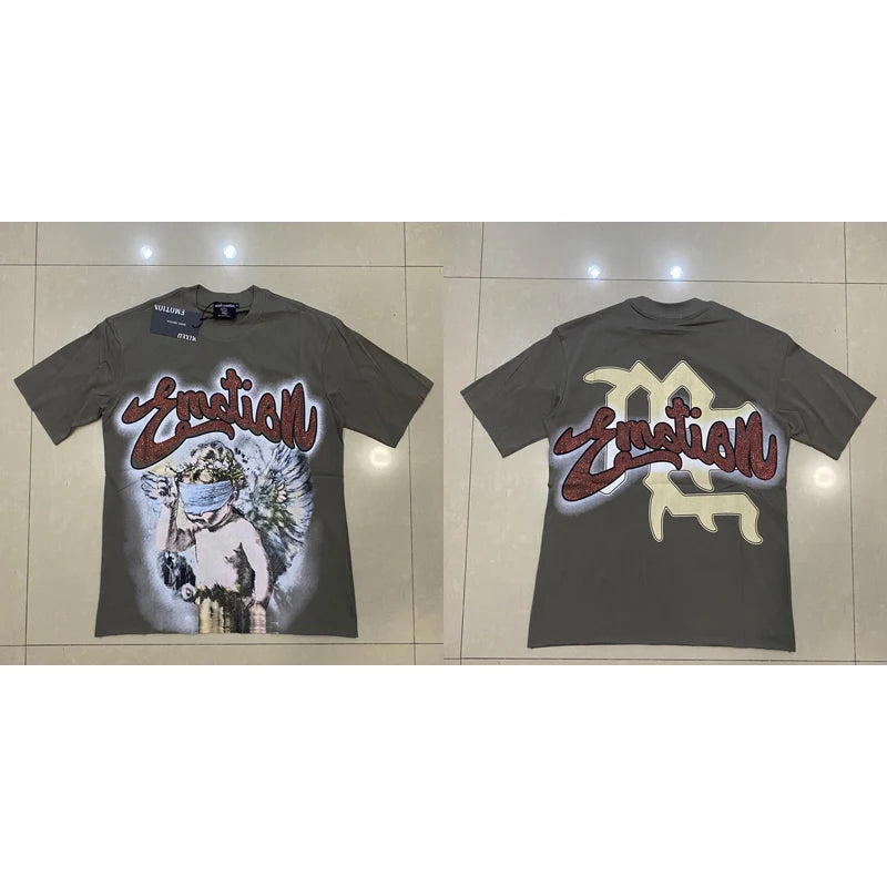 Men's Clothing MIXED EMOTION T-shirts American Streetwear Interesting Angel Print Hot Drill Letter Logo Top Tee Short Sleeve