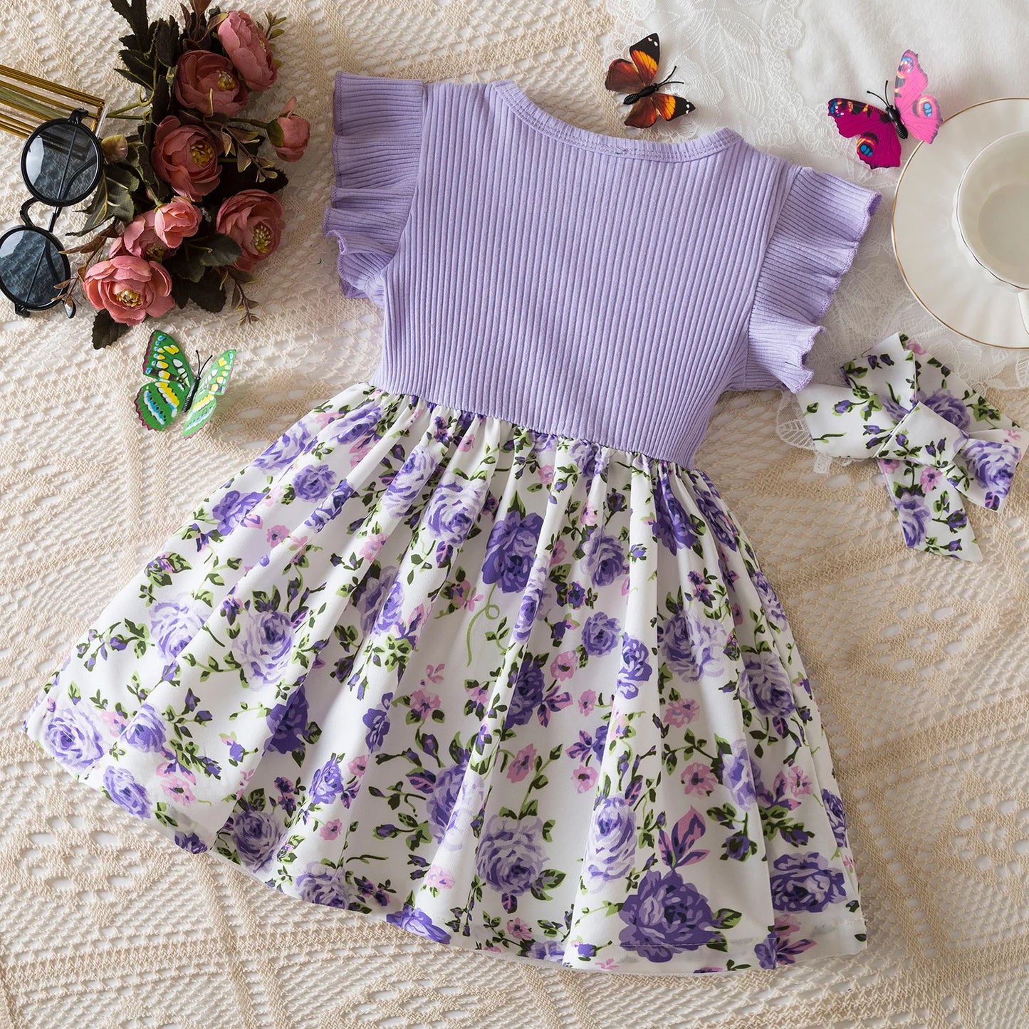 0-3 Years Baby Girl Clothes Summer Sleeveless Printed Dress Newborn Girl 1st Birthday Dress Ruffled Patchwork Dress and Headband