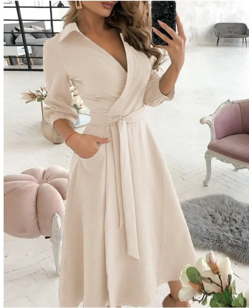Women's Clothing Dress for Women Dress Spring Autumn Fashion Office Ruched Dress Long-sleeved V-neck Red Black Blue Bag Hip