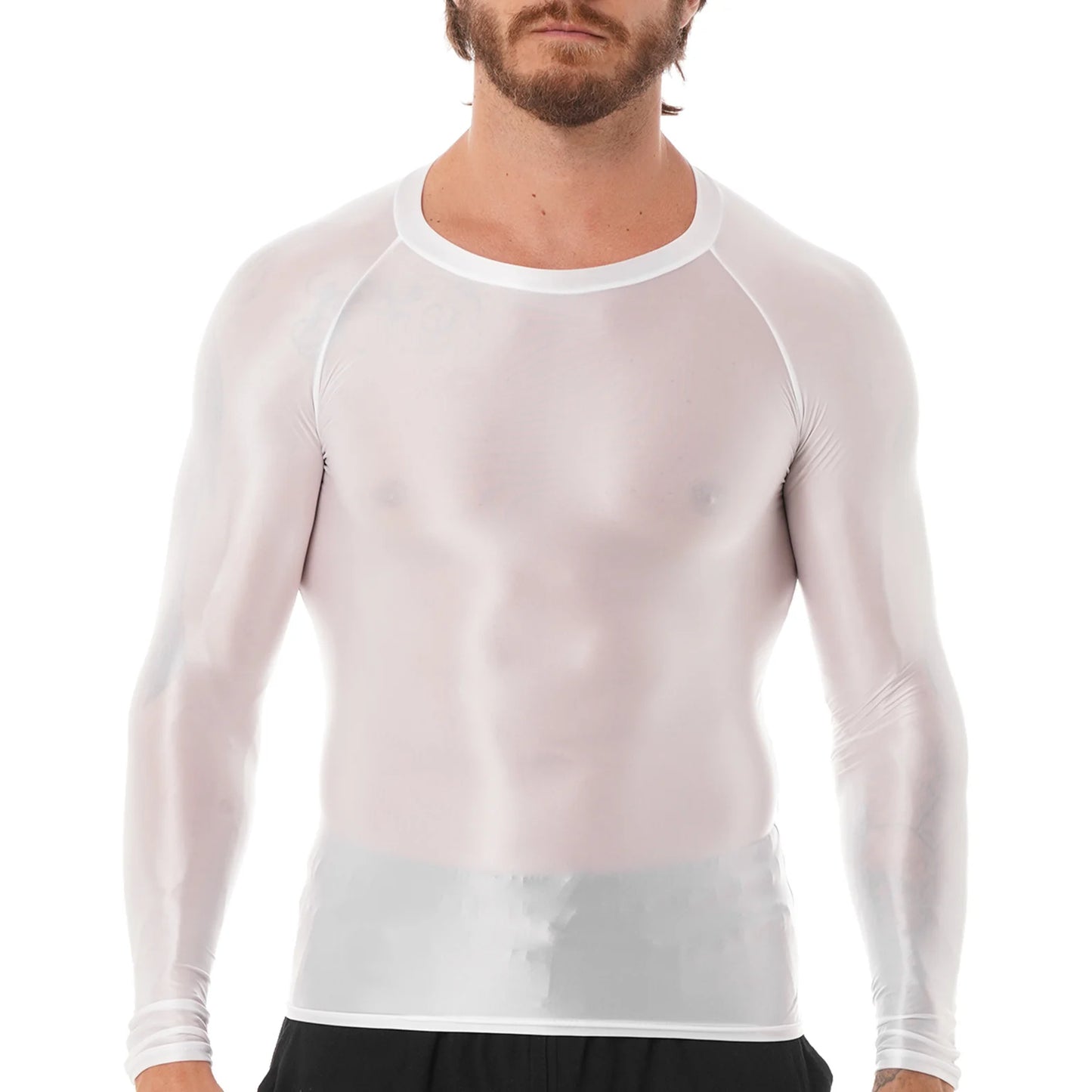 Men's Clothing Glossy O Neck Long Sleeve T-shirt Solid Color Slim Fit Breathable Shirt Tops Gym Jogging Yoga Sportwear