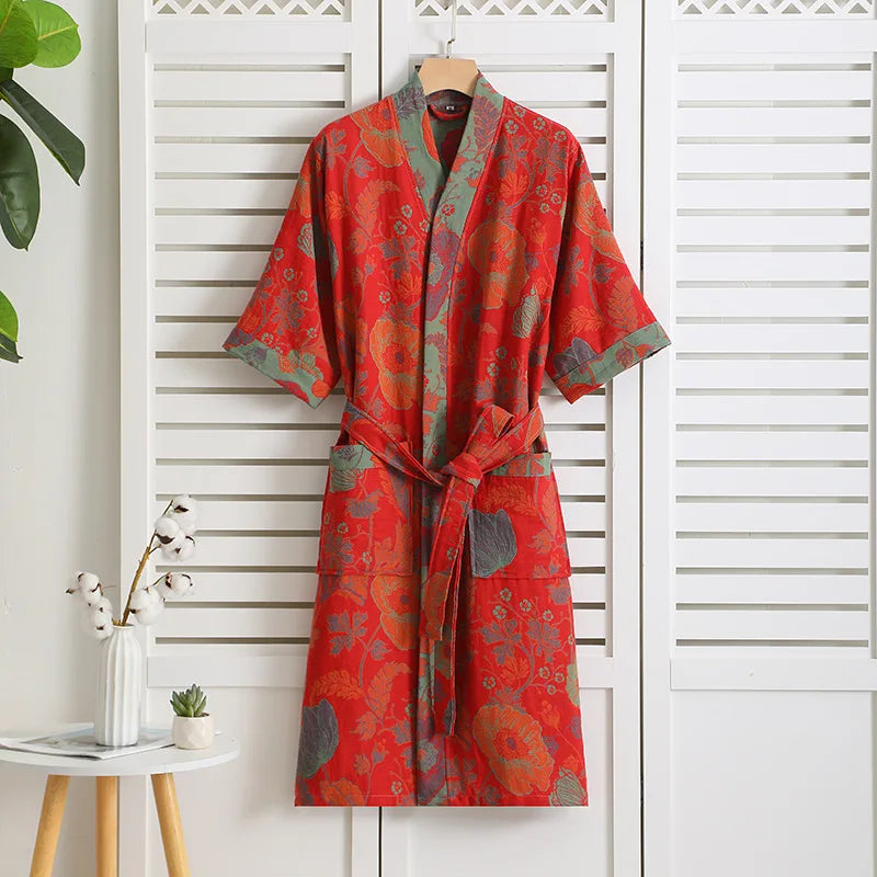 New 100% Cotton Lady's Bathroom Robe Printed Nightgown Style Pure Cotton Double-Layer Gauze Comfortable Dressing Gown for Women