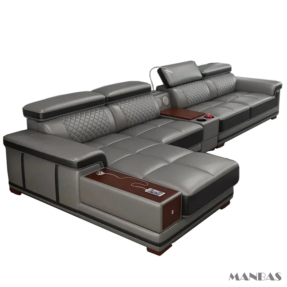 Modern Luxury Genuine Leather Sectional Sofa with Chaise Lounge, Adjustable Headrest, Built-in Storage, USB Charging, Cup Holder