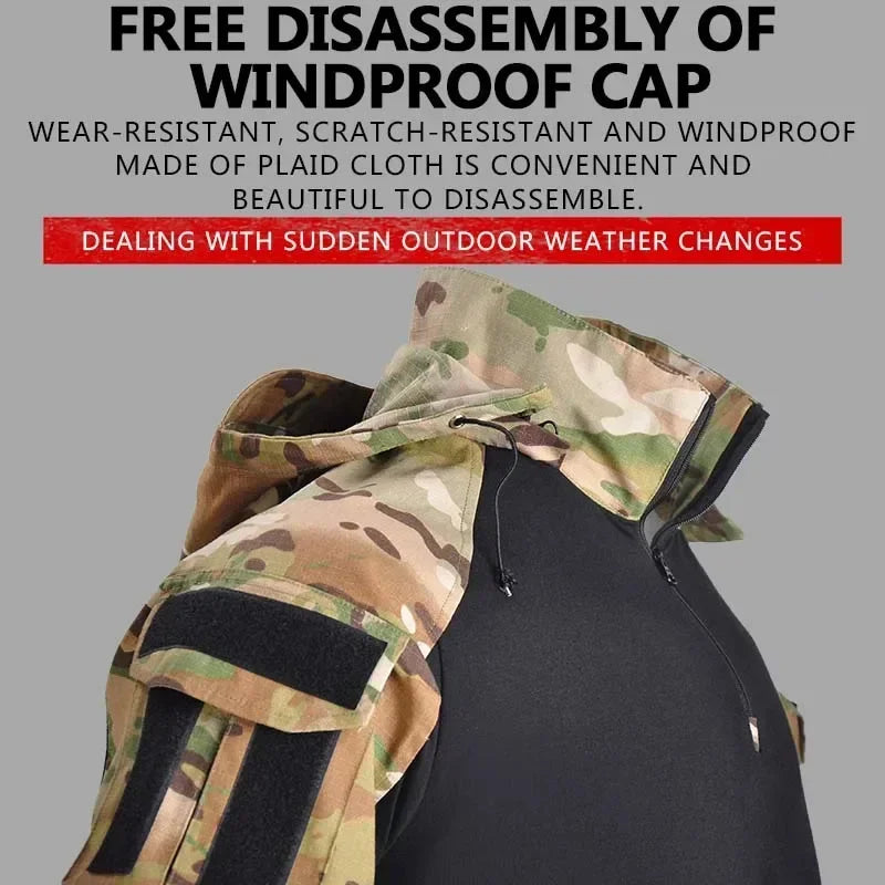 Tactical Uniform Suits Wear Resistant T-Shirt Hood Workwear Pants Men Clothing Combat Shirts Airsoft Paintball Hunting Clothes