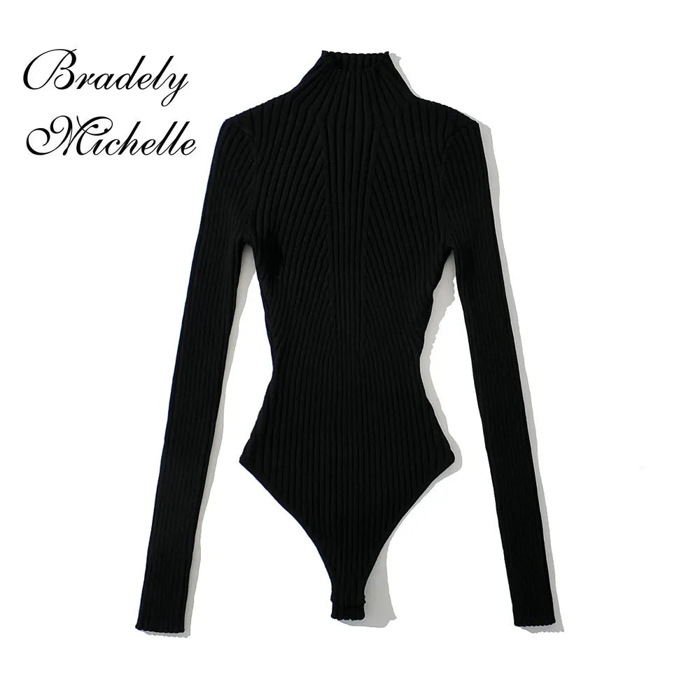Women's Sexy Clothing Tops Stereo Texture Knit Solid Pullover High Collar Bodysuit Knitted High Strecth Jumpsuit Top