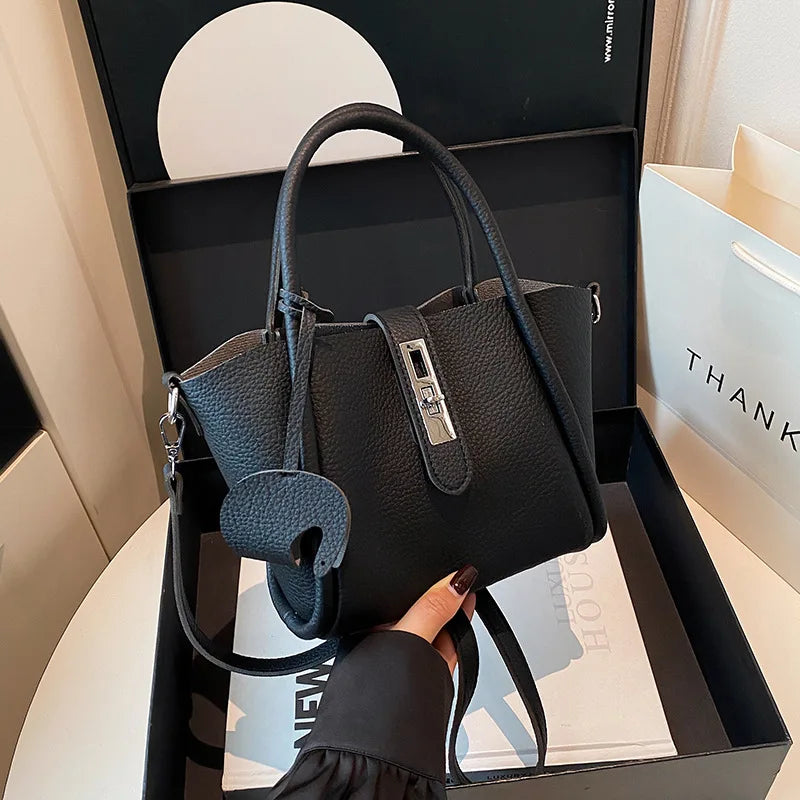 Women Handheld Bucket Bag New Trendy Versatile Bag Highend Exquisite Hardware Buckle Shoulder Bag With Pendant Crossbody Bag