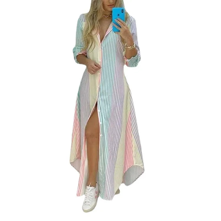 Women's Clothing 2024 Autumn New Long Skirt Ins Single Breasted Irregular Shirt Dress