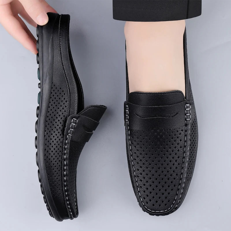 Men's shoes four seasonal new hollow out fashion leather shoes soft sole breathable non slip lightweight plus size casual shoes