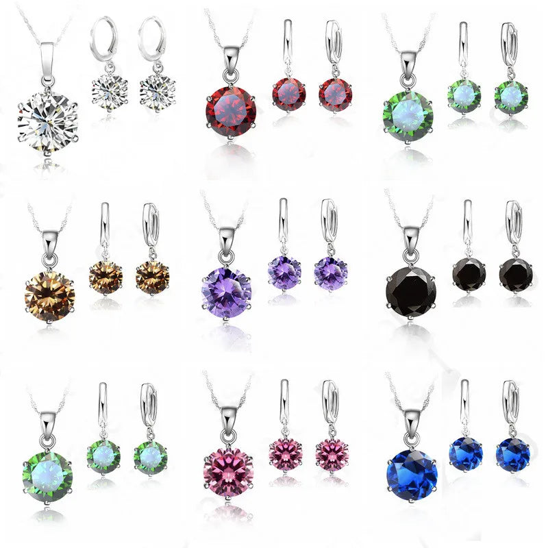 Woman Genuine 925 Sterling Silver Jewelry Sets Cubic Zircon Crystal Lever Back Earrings Pendant Necklace Nice Gifts 8MM Stone
