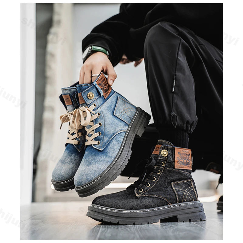 Men's Shoes 2025 Style Height Increase Breathable Mid Top Shoe Fashion Denim Casual Versatile Workwear Shoes Casual Boots Shoes