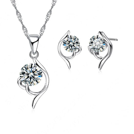 Latest Shinning Woman Gift 925 Sterling Silver  Jewelry CZ Pendant Necklace Earring Lady Wedding Engagement Set With Box