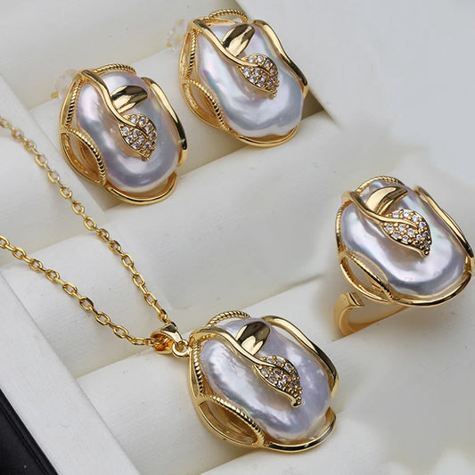 Natural Freshwater Baroque Pearl Necklace and Earrings Woman,Wedding 18K Gold Plating Big Pearl Jewelry Sets Wife Mother Gift