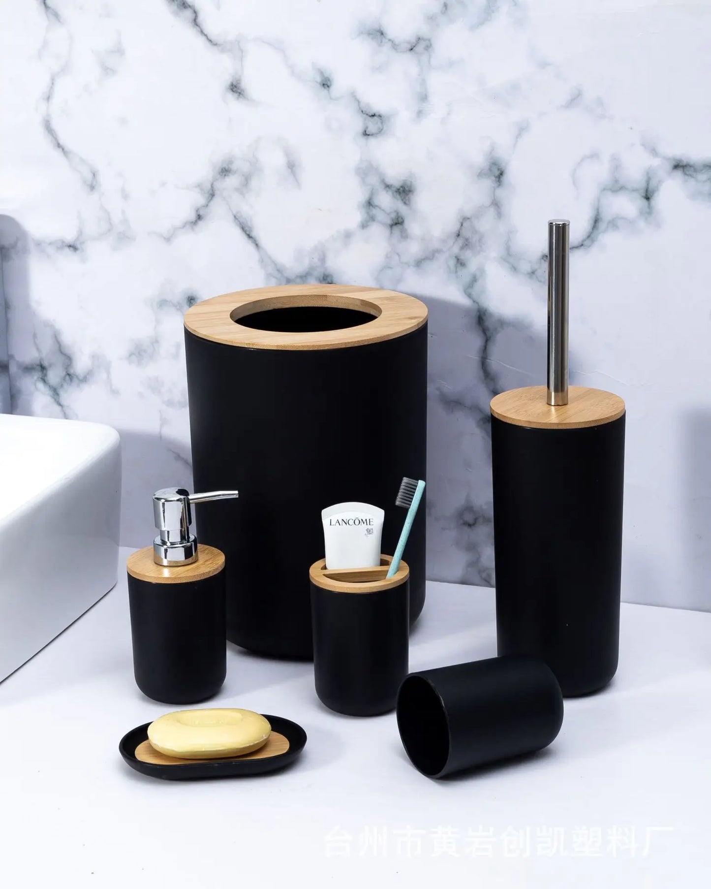 6 Pcs Bamboo Bathroom Accessories Set - Modern White Bath Organizer Kit, Natural Wood Toiletries Holder for Home Decor