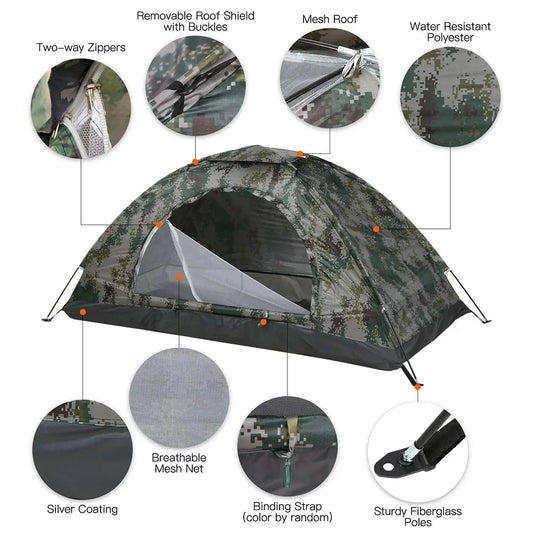 1×Ultralight Portable Camping Tent Single/Double Person Garden Tent With Anti-UV Coating Two Way Zip Hiking Fishing Travel