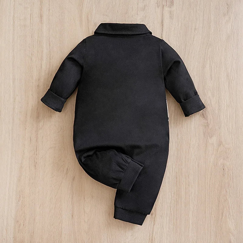 Newborn Baby Boy Clothes Black baby onesie with khaki check print One-piece cotton gentleman's spring and autumn pajamas