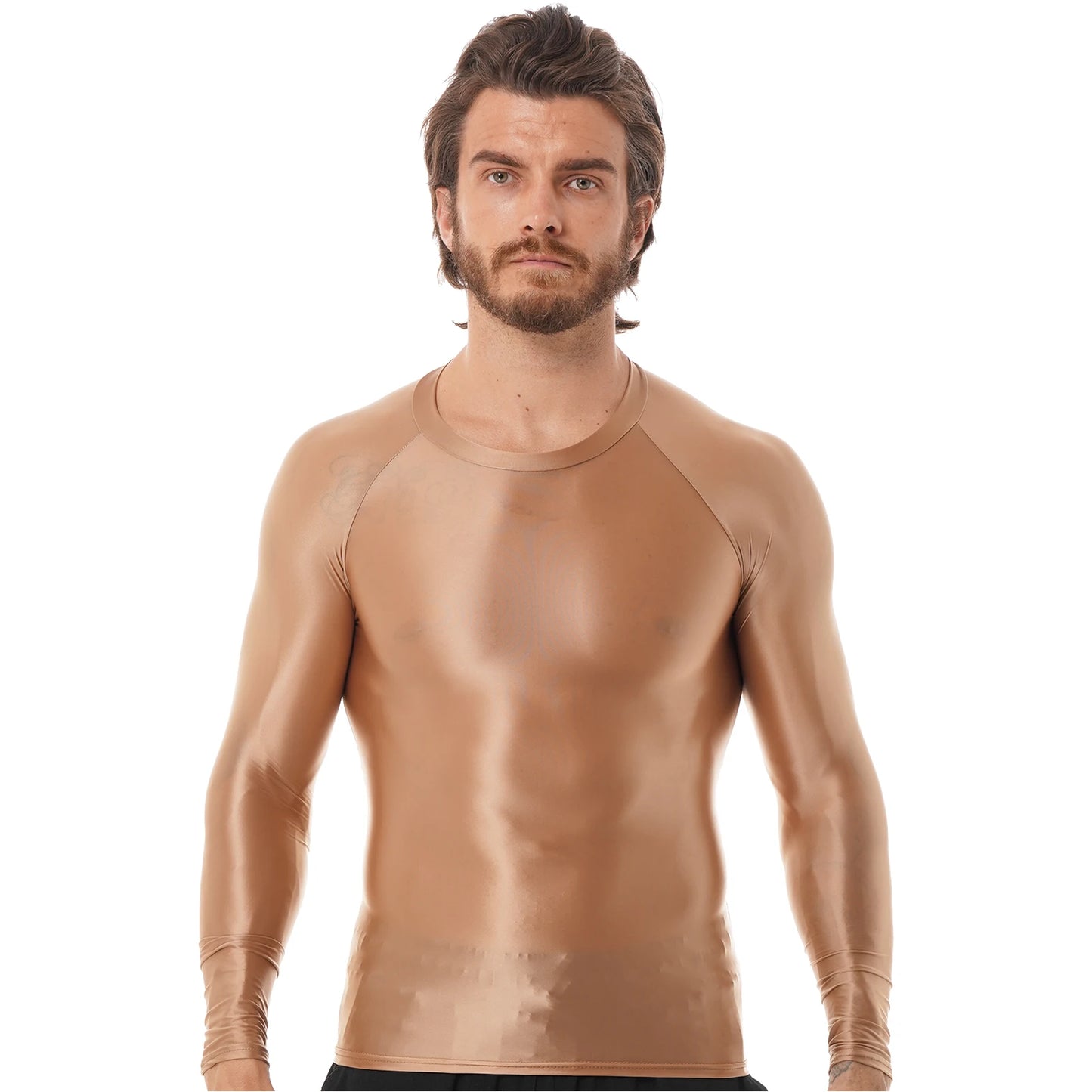 Men's Clothing Glossy O Neck Long Sleeve T-shirt Solid Color Slim Fit Breathable Shirt Tops Gym Jogging Yoga Sportwear
