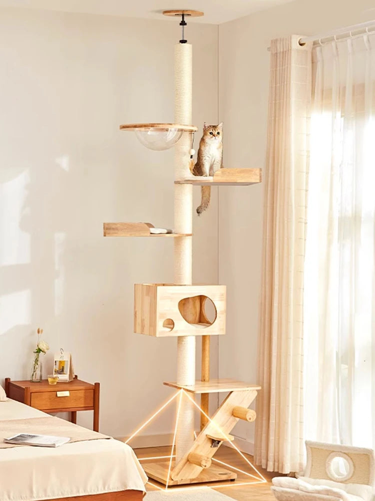 Solid Wood Cat Tree House Tower Floor To Ceiling Cat Tree Tall Wooden Large Towers Cats Trees Climbing Scratching Post Pets