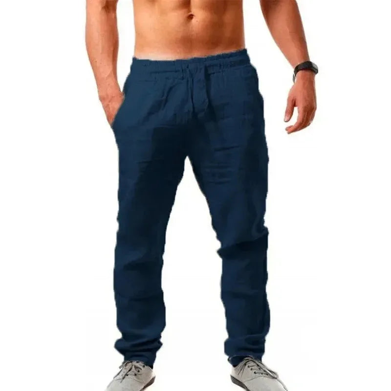 2024 New Men's Cotton Linen Pants Summer Solid Color Breathable Linen Trousers Male Casual Elastic Waist Fitness Pants