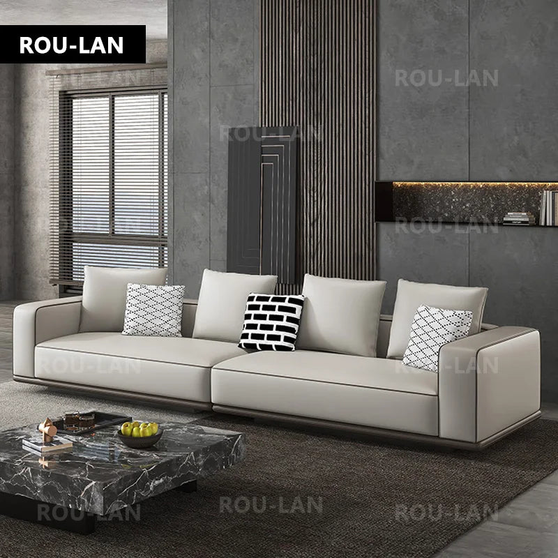 Modern Simple Leather Sofa Living Room Modern Large Flat Floor Large Household Type First Layer Cowhide Inline Tofu Block Sofa