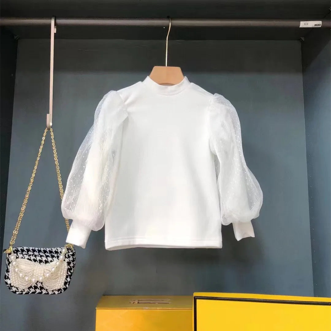 2025 New Fashion Baby Girl T-Shirt Lace Puff Sleeve Infant Toddler Child Warm Blouses Spring Kids Tops White Black Clothes 3-12y