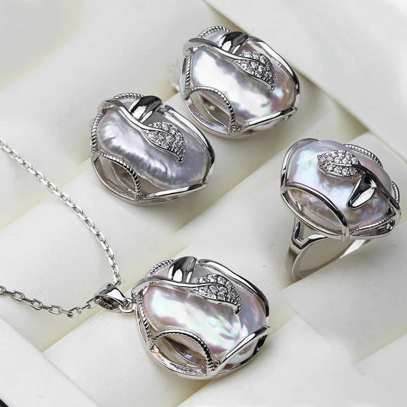 Natural Freshwater Baroque Pearl Necklace and Earrings Woman,Wedding 18K Gold Plating Big Pearl Jewelry Sets Wife Mother Gift