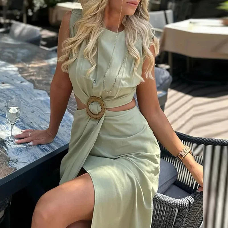 Women's Clothing Temperament Party Long Dress Hollow Design High Waist Summer Dress Elegant Solid Color Slim Office A-line Dress