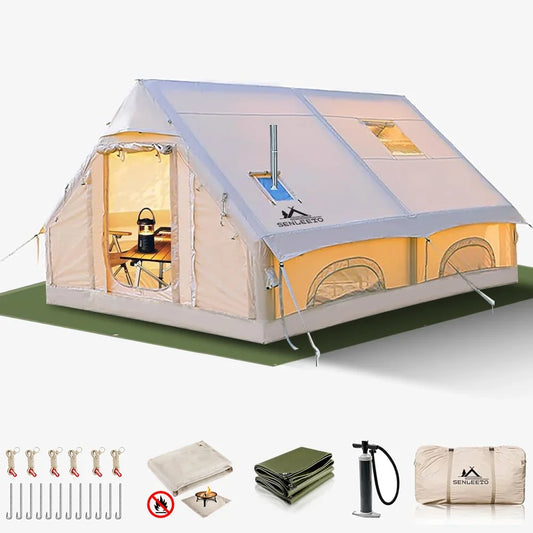 129 Sqft Large inflatable tent with Tarp,8 Person Inflatable Camping Tent 4 Season Glamping Tent Fireproof Blanket Blow up tent