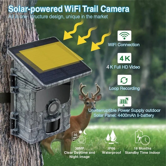 Hunting Camera  4K WiFi Solar Panel Powered Trail Camera Trap Night Vision Waterproof IP66 Game Wildlife Cameras Foto Chasse