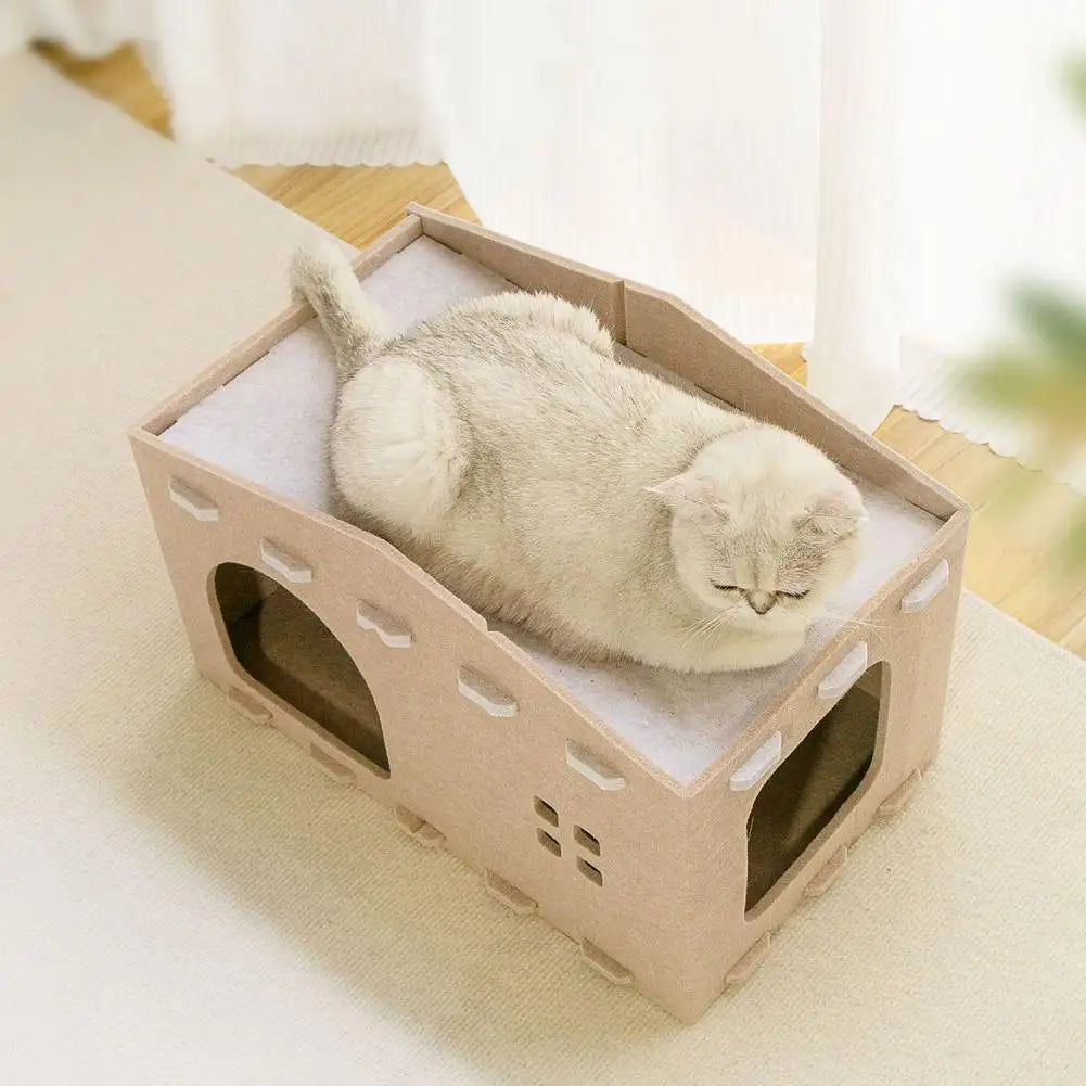 Cat House Bed Cave Nest Pet House Felt Cat Play Rest Space Pet Condo Hideaway Cube 2-in-1 Scratching Board Cat Beds