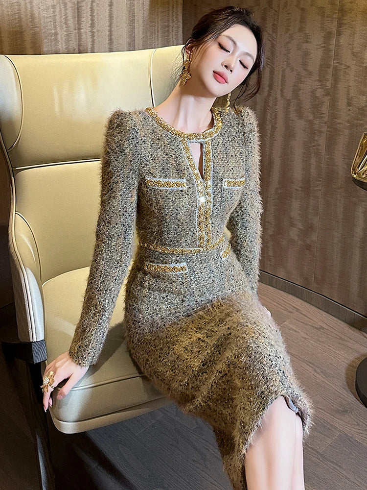 Women Clothes Vintage Luxury Tweed  Formal Dress Female Elegant Fashion Business Party Vestidos Hollow Diamond Professional Robe