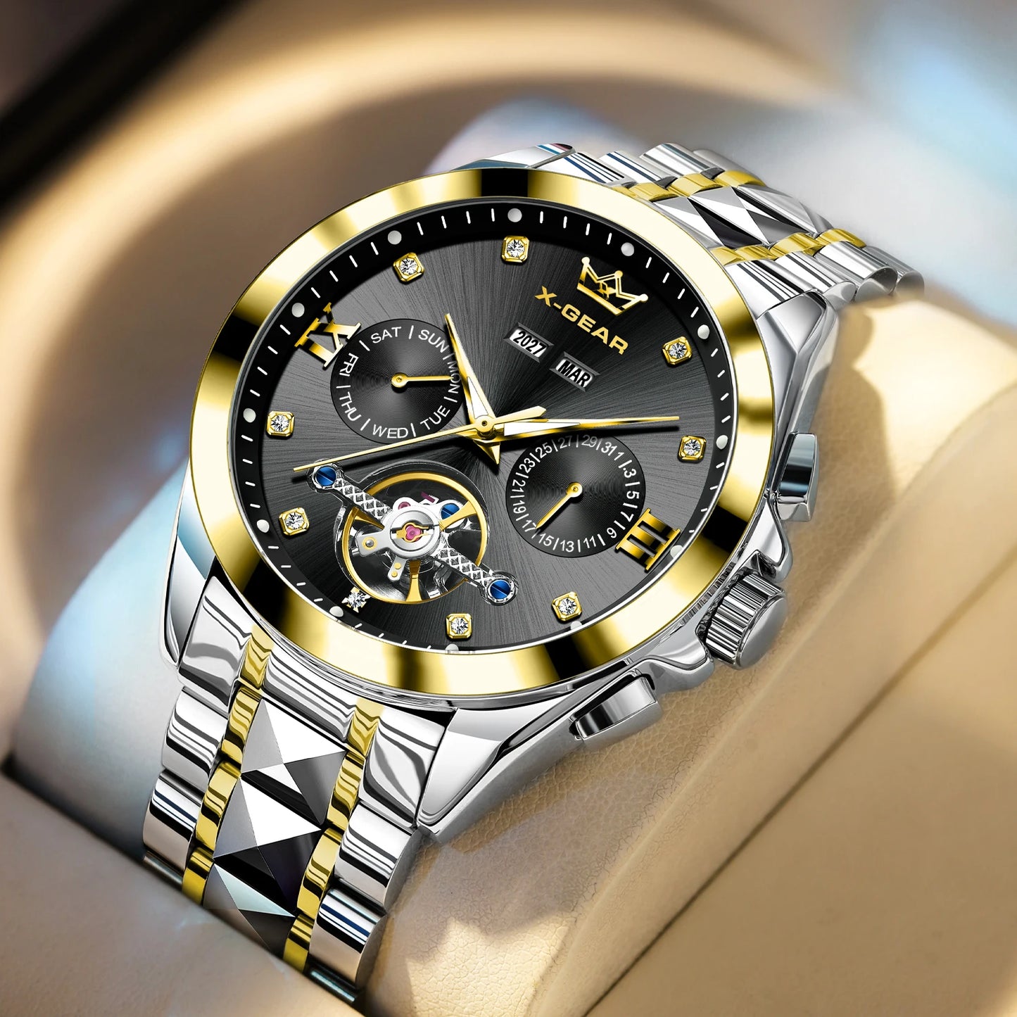 Men's Automatic Mechanical Watch with Tourbillon Waterproof Luminous Stainless Steel Strap Luxury Multi-Functional Timepiece