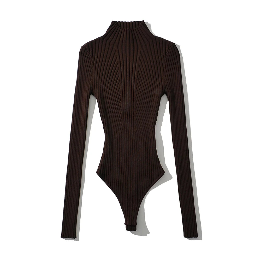 Women's Sexy Clothing Tops Stereo Texture Knit Solid Pullover High Collar Bodysuit Knitted High Strecth Jumpsuit Top
