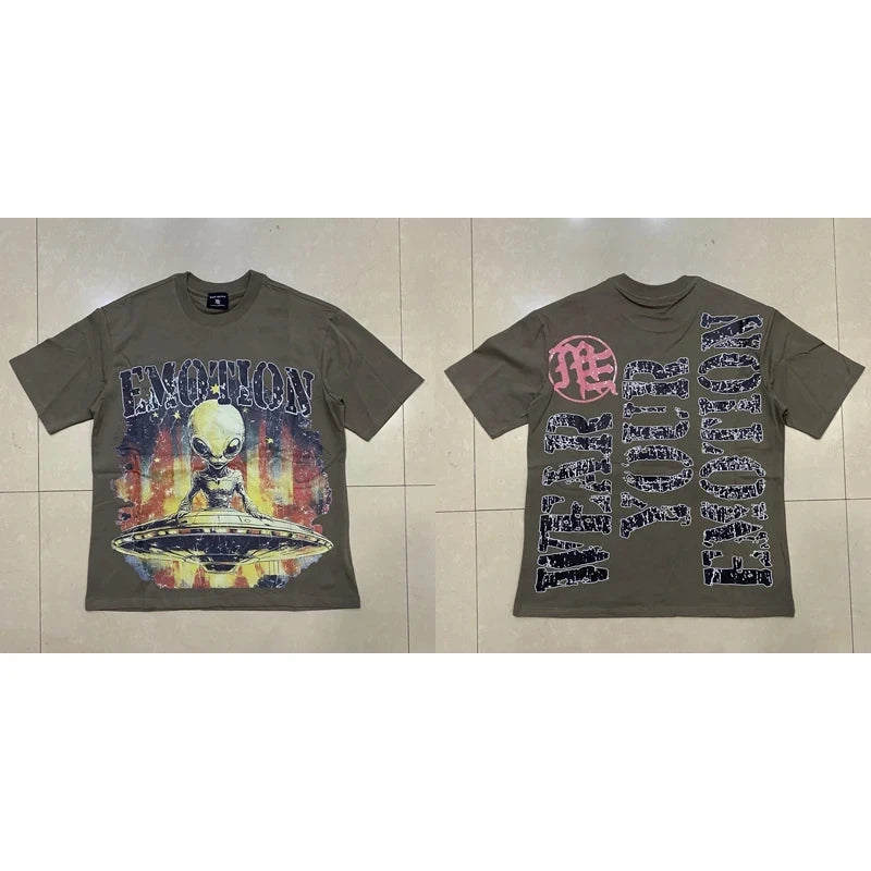Men's Clothing MIXED EMOTION T-shirts American Streetwear Interesting Angel Print Hot Drill Letter Logo Top Tee Short Sleeve