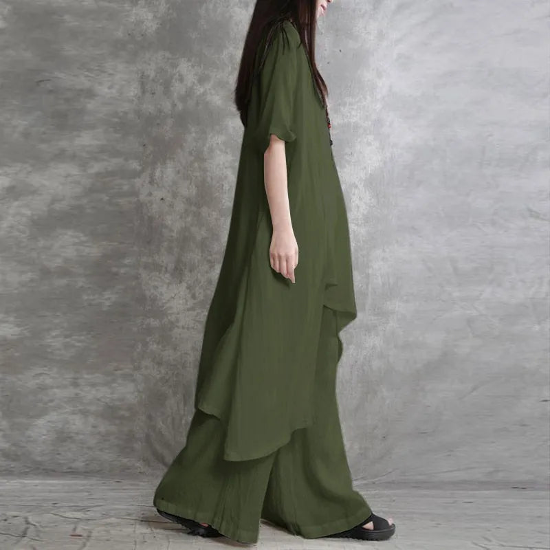 Women's Cotton Linen 2-piece Sets Large Size Casual Wear Sportswear Suit Short-Sleeved O-Neck Top Wide Leg Pants Suits For Women