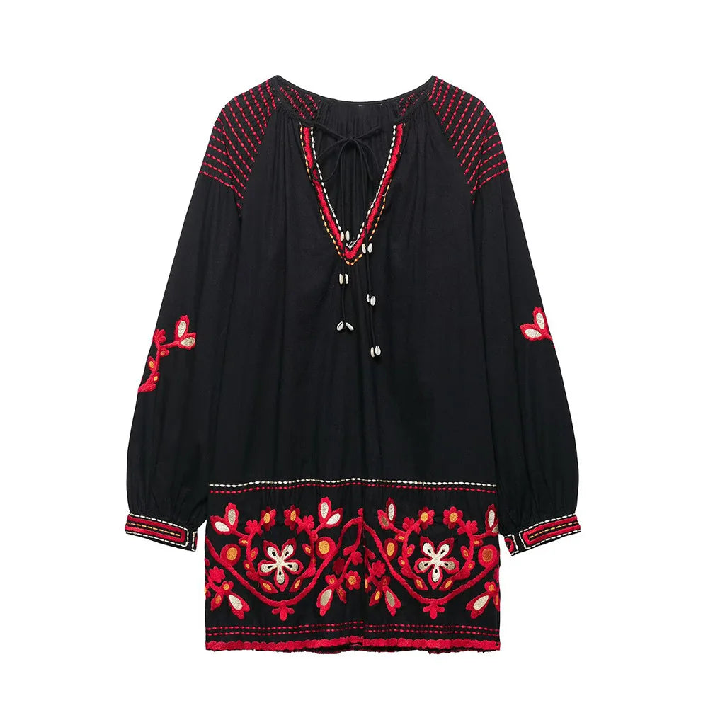 Women's clothing 2025 summer new ethnic loose retro style embroidered short dress