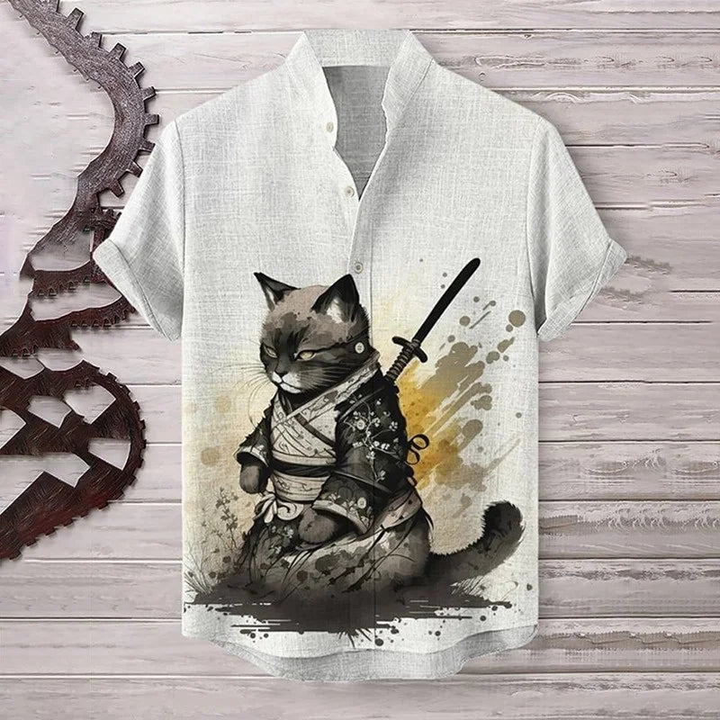 Men's Clothings Blouse Japanese Samurai Cat Meditating Art Linen Blend Cozy Shirt Short Sleeve Retro American Style Harajuku Top