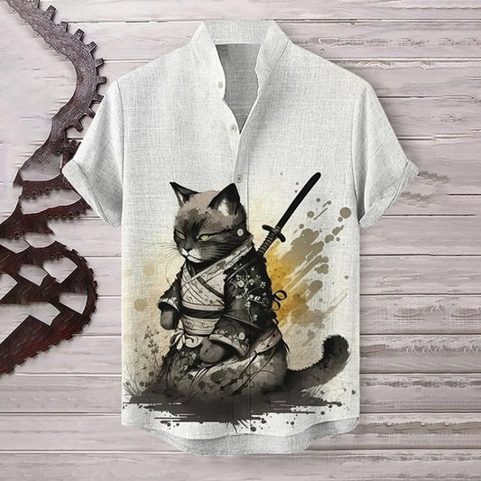 Men's Clothings Blouse Japanese Samurai Cat Meditating Art Linen Blend Cozy Shirt Short Sleeve Retro American Style Harajuku Top