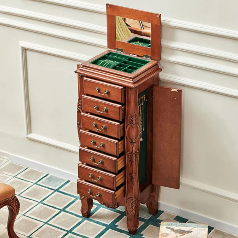 Solid Wood Storage Jewelry Cabinet Mirror Organizer Living Room Drawers Jewelry Cabinet Bucket Retro Luxury Bedroom Furniture