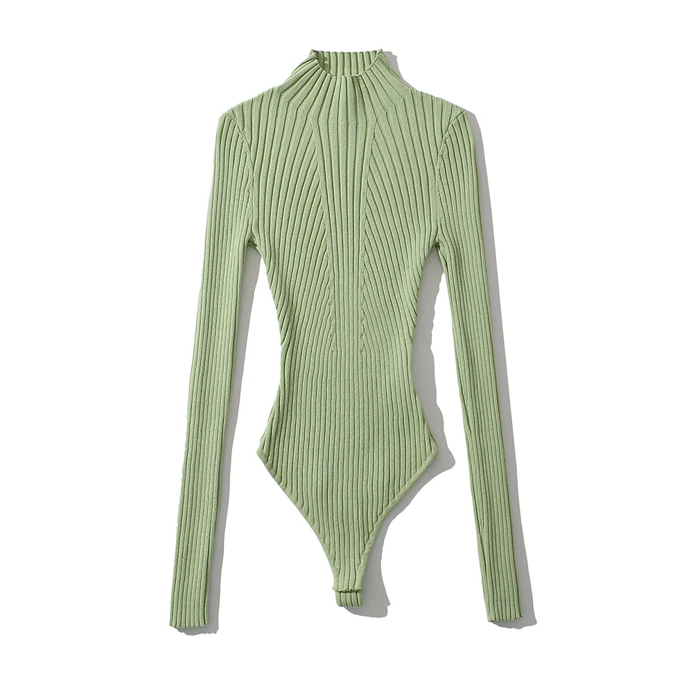 Women's Sexy Clothing Tops Stereo Texture Knit Solid Pullover High Collar Bodysuit Knitted High Strecth Jumpsuit Top