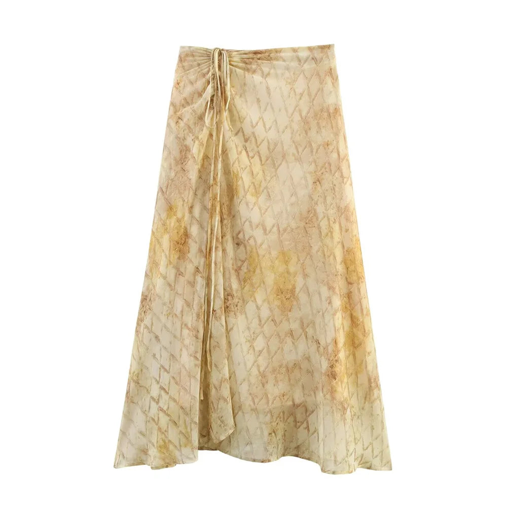 New women's clothing with European and American style fashion, simple, blended print, drawstring chiffon irregular skirt