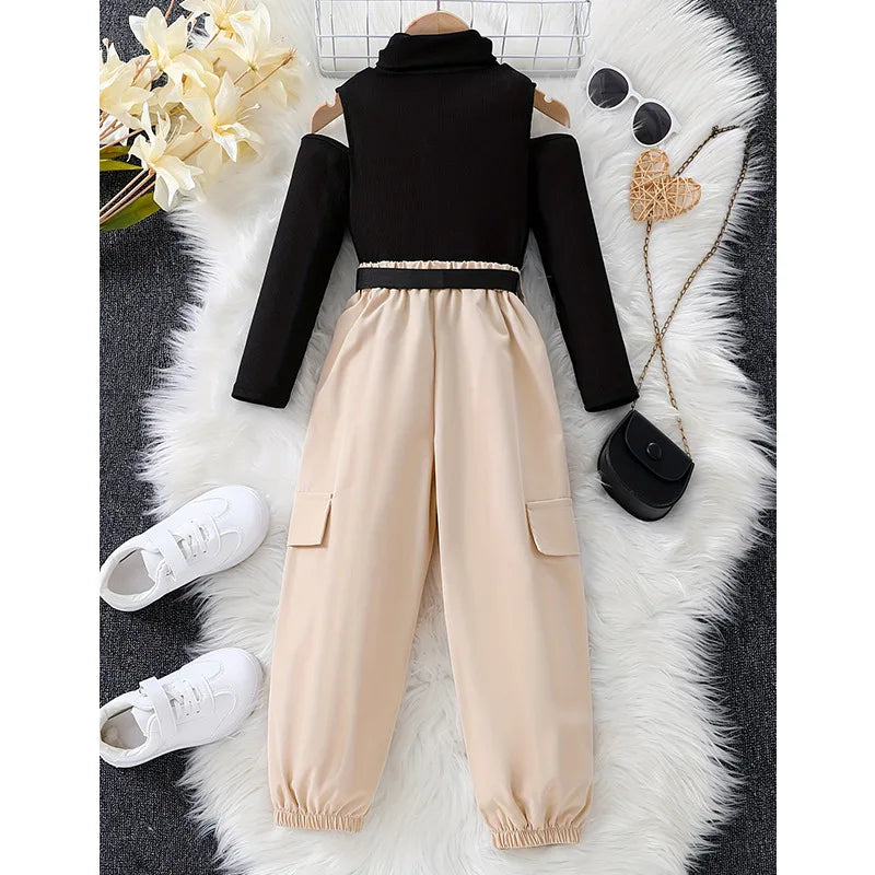 2025 Baby Girl Clothes Children Clothing Autumn/Winter Outfits Long Sleeve Top + Solid Color Pants 2Pcs Set For 3 4 5 6 7 8 9 10