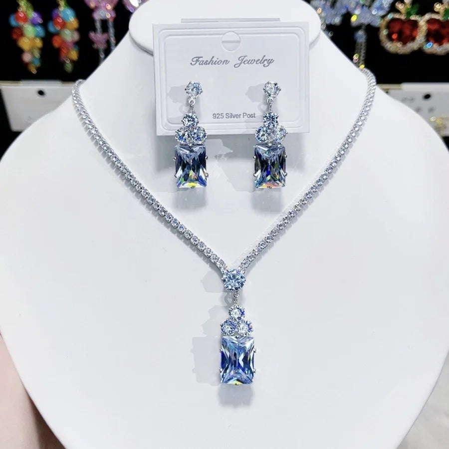 Women Rainbow Gemstone Necklace 18K Gold Plated Waterdrop Zirconia Earrings 2024