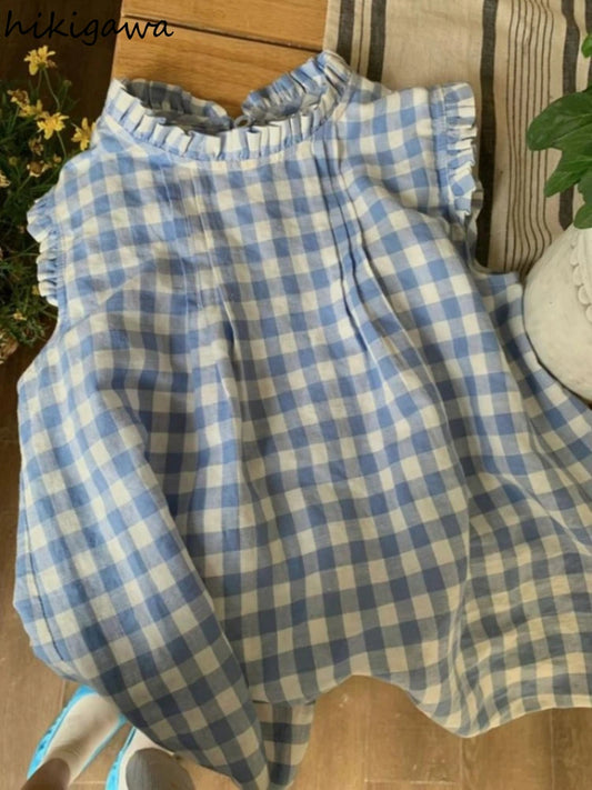 Fashion Shirt for Women 2025 Blusas Mujer De Moda Sweet Ruffles Loose Blouses Sleeveless O-neck Casual Plaid Summer Blouse Tops