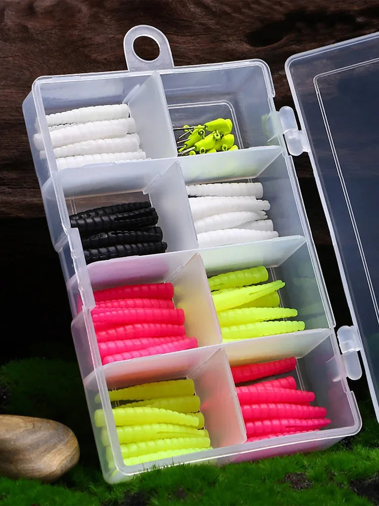 Trout Fishing Gear Kit Includes 70 Split Tail Grub Worms 10 Trout Hooks Trout Lure Kit for Seasonal Trout Crappie Panfish