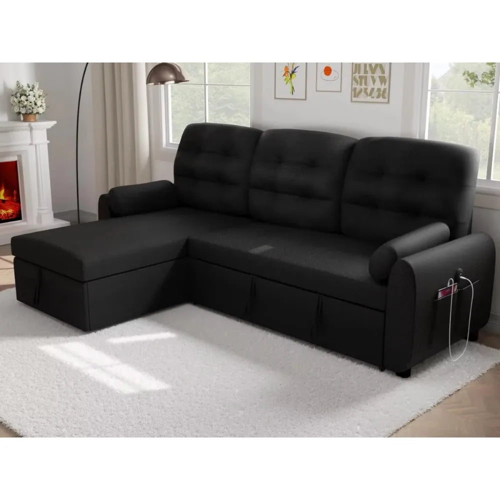 Living Room Sofa, Sectional Sofas, 87" Sleeper Sofa Bed with Side Pocket&Charging Station,Removable Backrest, Living Room Sofa